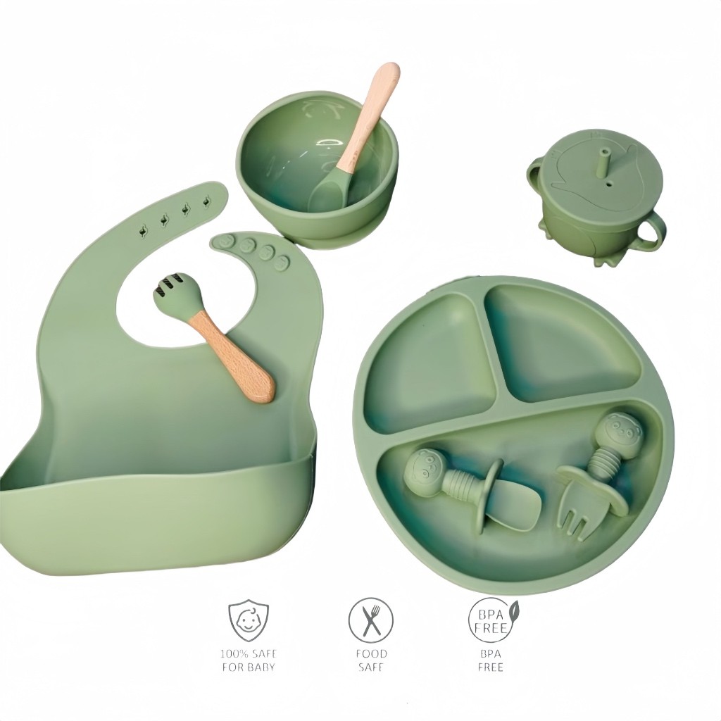 kit 8 Peças Talheres alimentação bebê silicone kit Talheres Infantil Com Ventosa Canudo Colher Babador Garfo