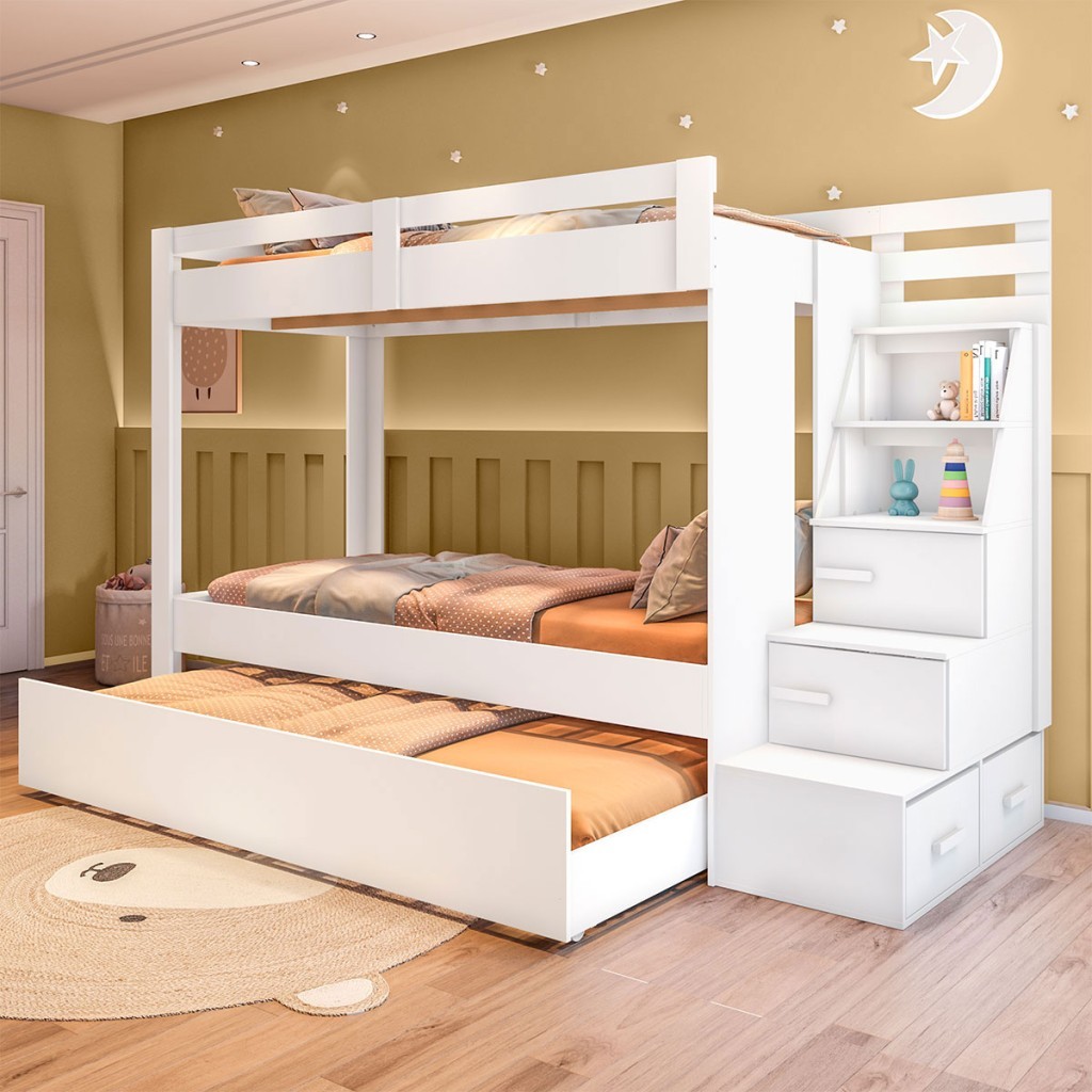 Beliche com Cama Auxiliar Luar 2 Gavetas com Escada Multifuncional Branco - Pnr Móveis