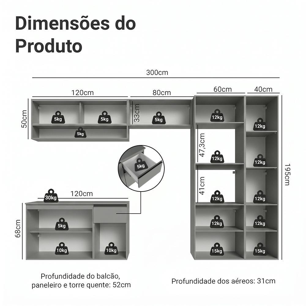Armário de Cozinha Completa Suspenso 300cm Cinza Nice Madesa 07 · foto 2