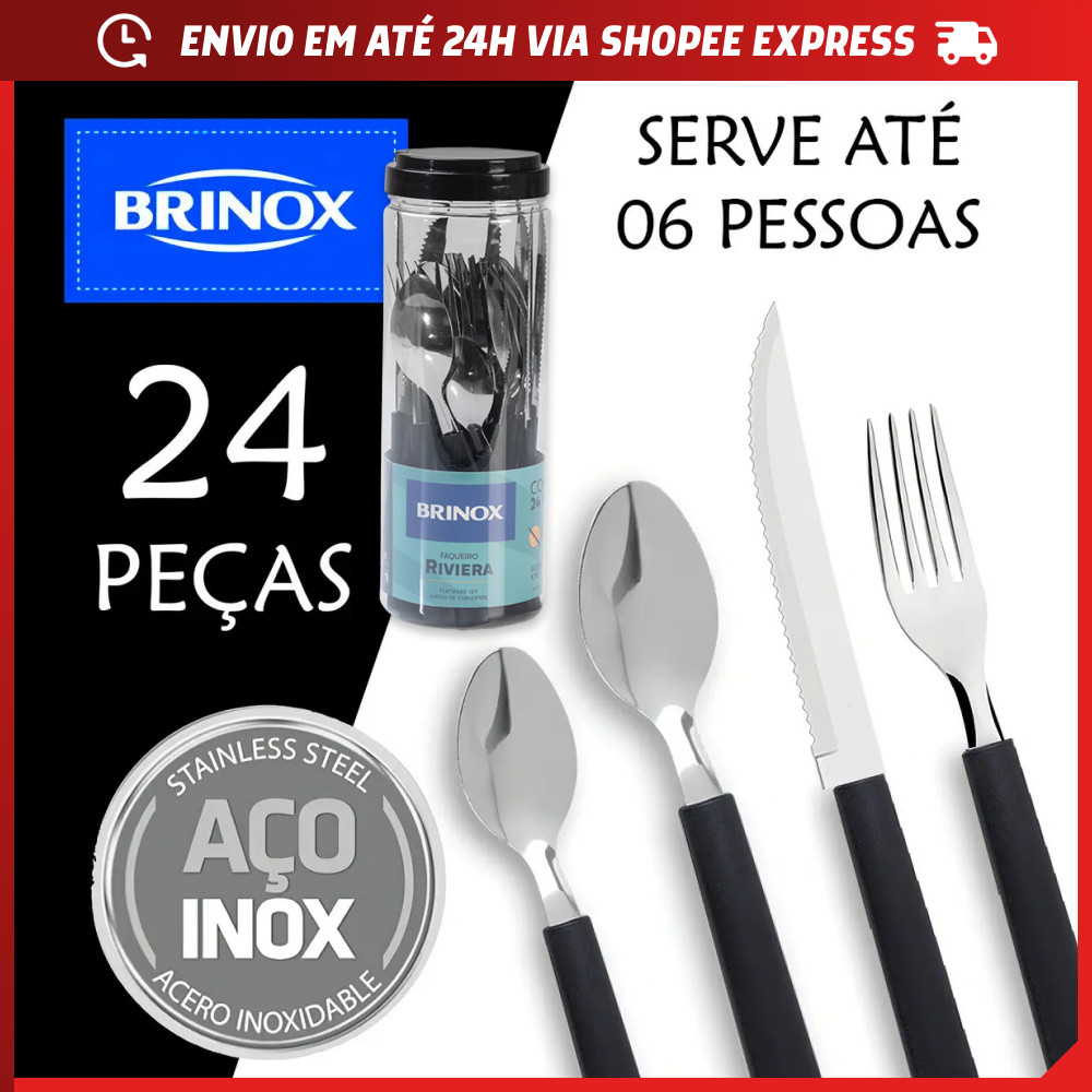 Jogo de Talheres Brinox Riviera 24 Peças Aço Inoxidável Pote com Alça Refeições Lava louças