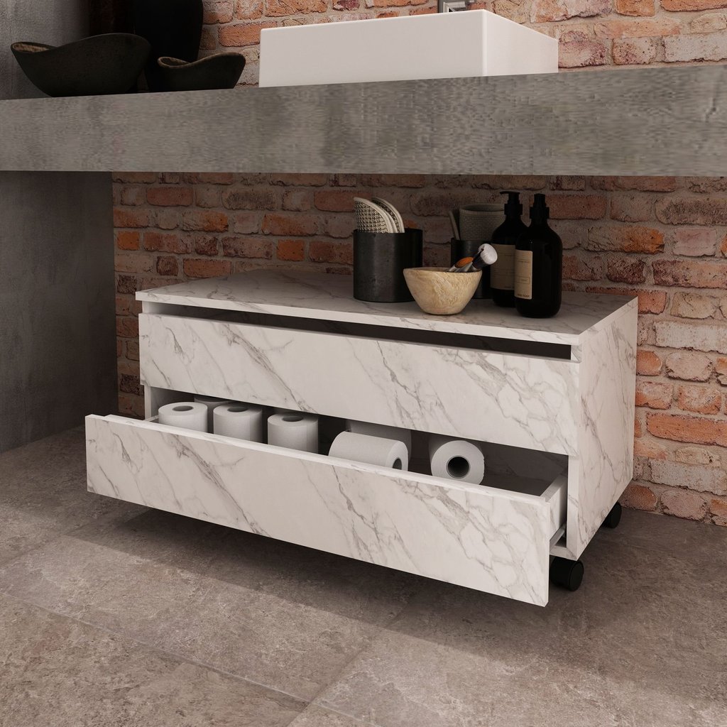 Balcão Gabinete para Banheiro 80cm com Rodízio e 2 Gavetas BN3603  Mármore Branco
