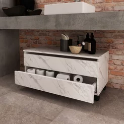 Balcão Gabinete para Banheiro 80cm com Rodízio e 2 Gavetas BN3603 Branco/Mármore Mármore Branco