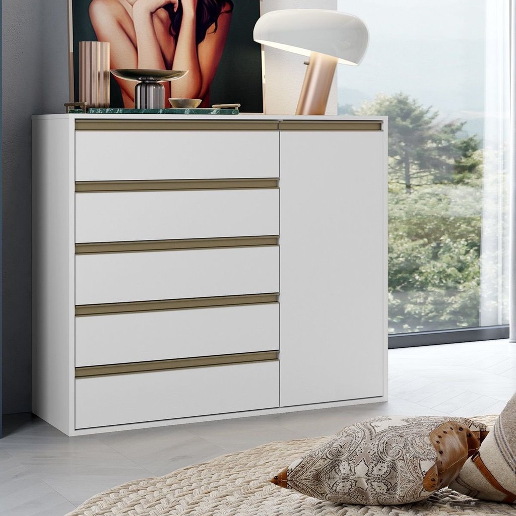 Cômoda Multiuso 5 Gavetas e 1 Porta 100% MDF Select Branco