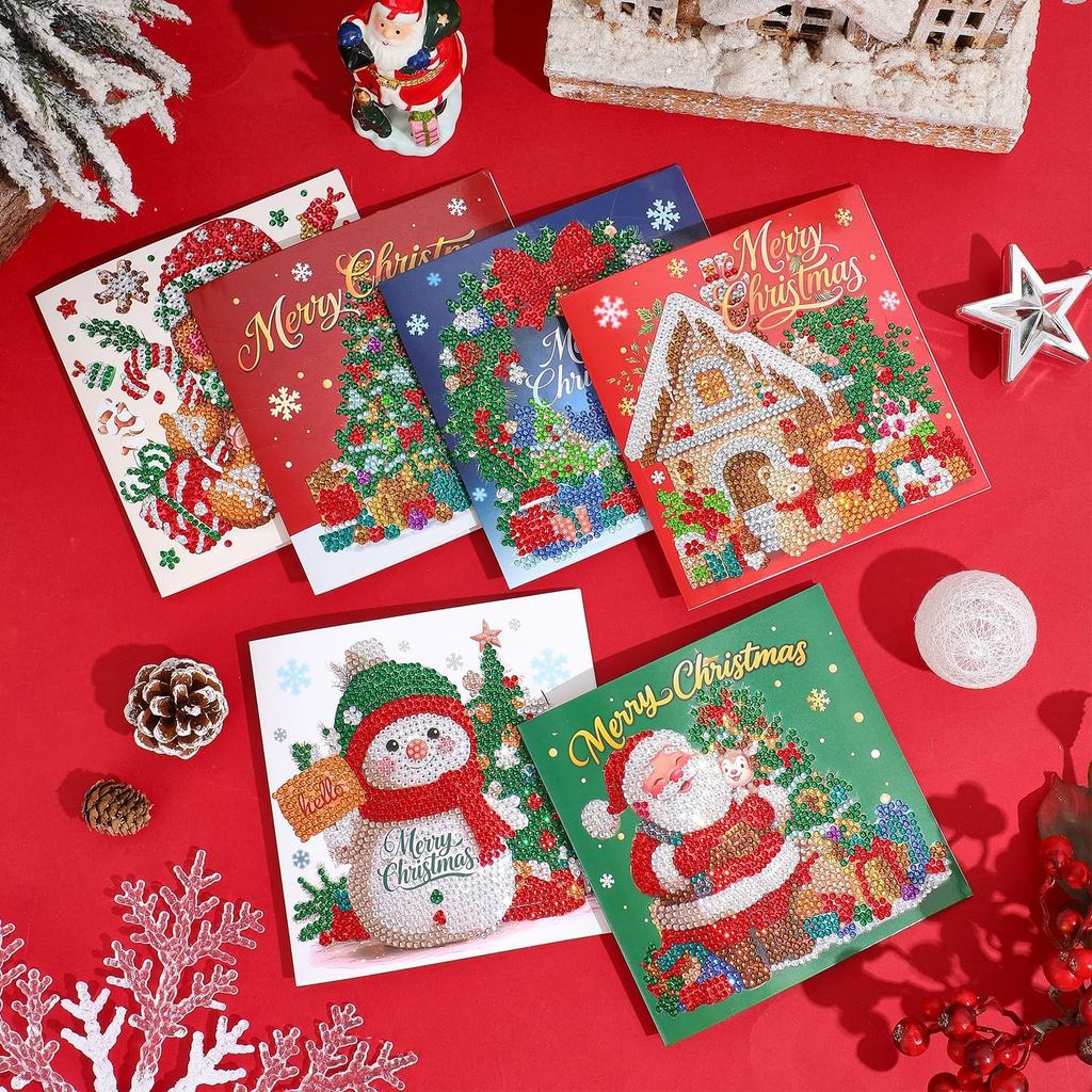 Merry Chrismas Card Set – DIY Diamond Painting Greeting Card Kit (Set of 6) with Blank Interiors, Complete with Rhinesto