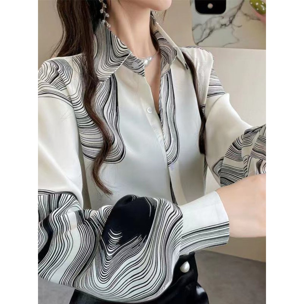 Manga comprida Design superior sentir feminino nicho solto Chiffon impresso camisa feminina primavera outono lapela cami