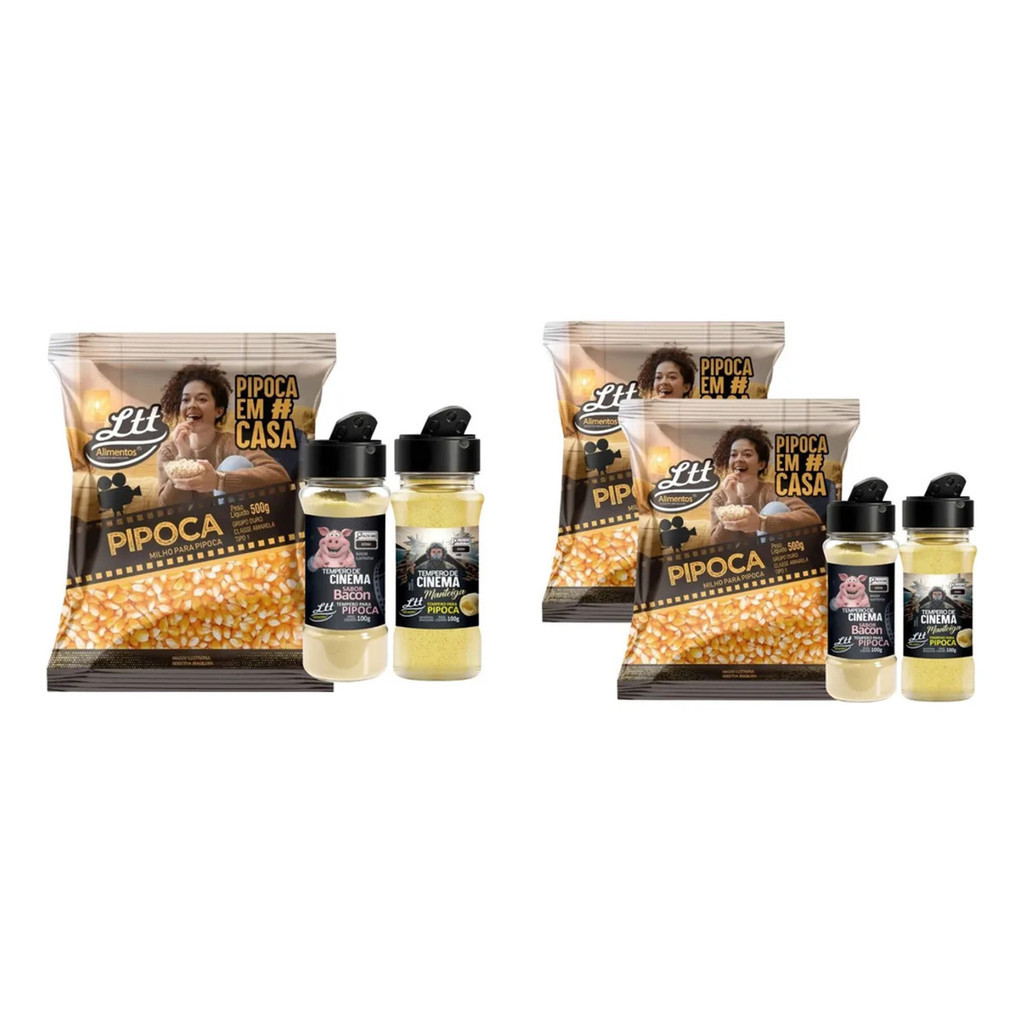 Kit Pipoca: Milho Pipoca Em Casa 3kg + 2 Tempero Sabor Bacon 100g Cada + 2 Tempero Sabor Manteiga 100g Cada  - OFICIAL