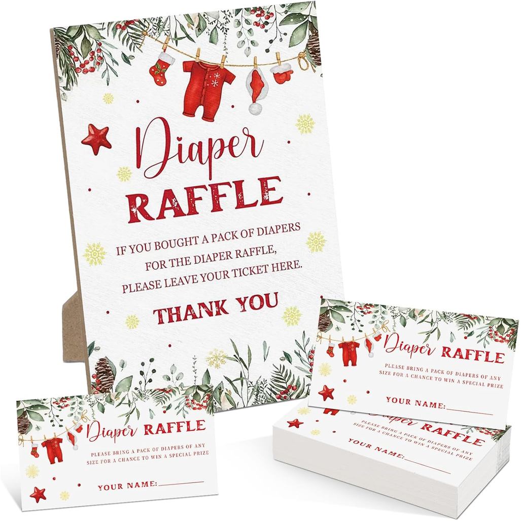 Rifa de Fraldas para Chá de Bebê com Tema Papai Noel de Natal, Pacote com 1 Placa de Madeira para Mesa com Suporte e 50
