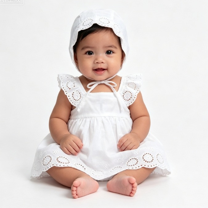 Vestido Batismal Para Bebês Meninas De 0 A 3 Meses , Manga Voadora , Branco + Chapéu De Batizado , Vestidos De Verão , M