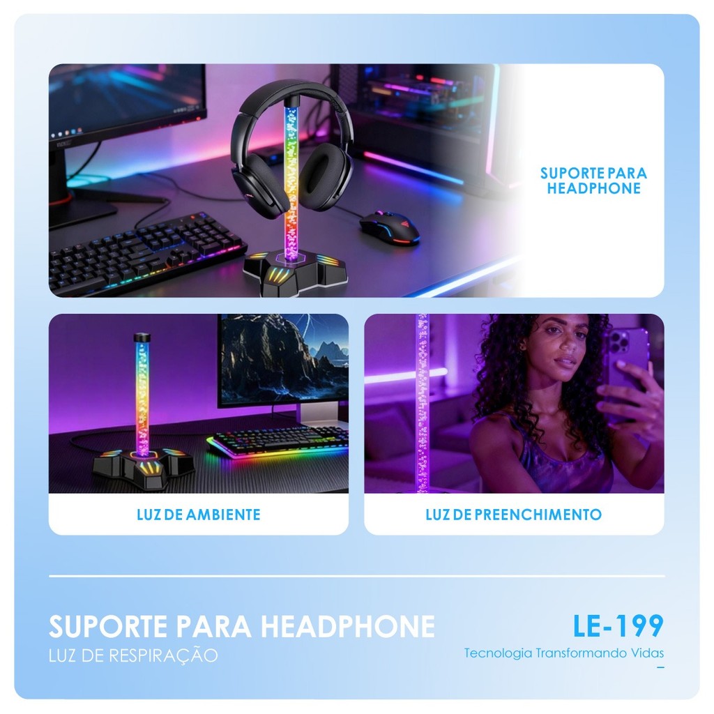 Suporte Headphone Gamer com Iluminação LED Efeito Respiração Organizador de Mesa Plug and Play LE-199