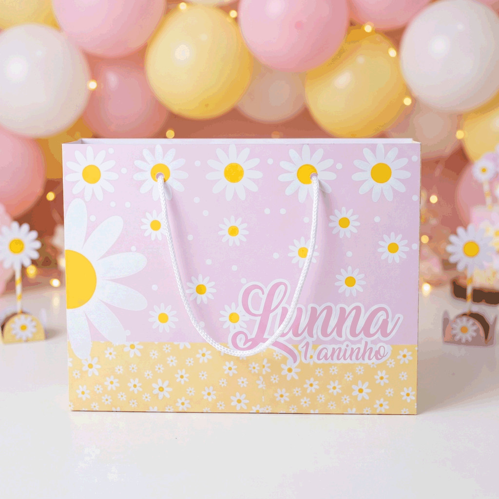 Sacolinha G para Festa de aniversário - Tema Margaridas Personalizada com NOME E IDADE - Lembrancinha - Pegue e monte
