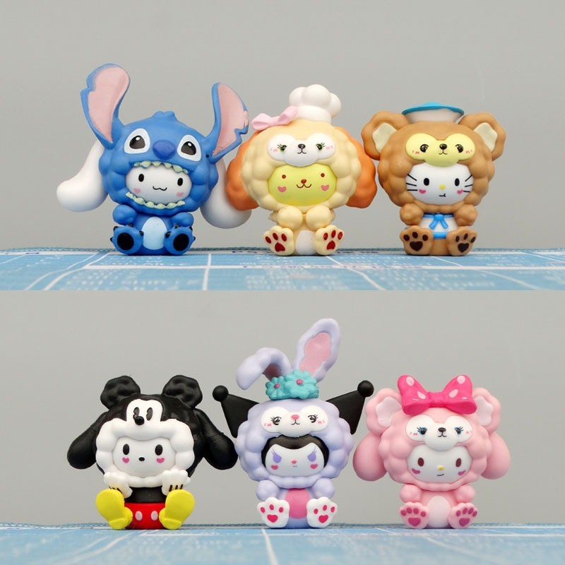 6 Pçs/Set 5-7cm My Melody Kuromi Hello Kitty Cinnamoroll Cosplay Stitch Mickey Mouse Duffy CookieAnn StellaLou Q Versão