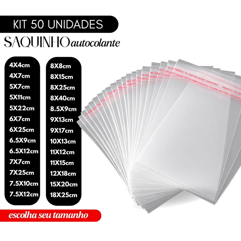 Kit 50 Saquinhos Autocolante Transparente Saco Adesivo Embalagem Resistente Semijoias Roupas Papelaria Eletrônicos