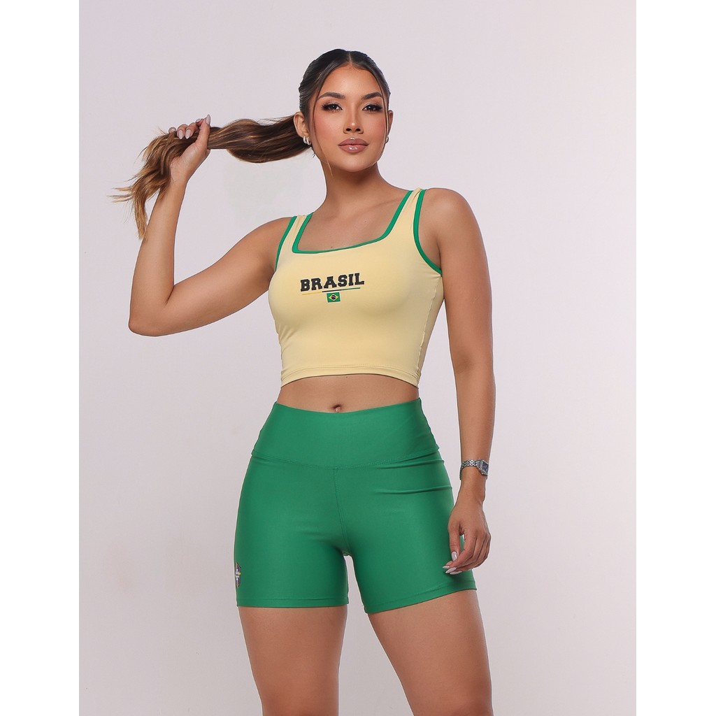 Kit Short + Cropped Brasil Copa do Mundo Fitness Feminino Academia Versatil