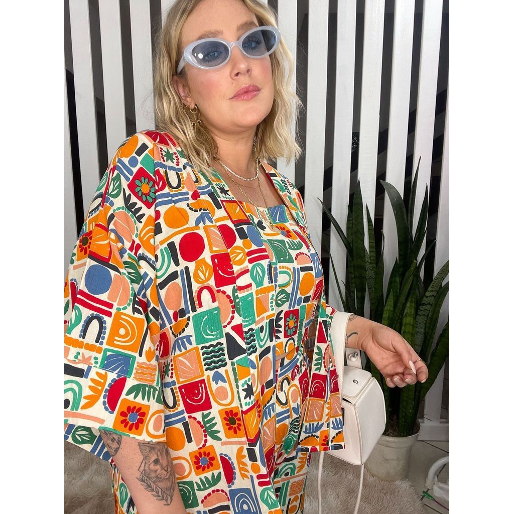 Kimono Sofia de Tecido de Viscose Estampado - Étnico Colorido