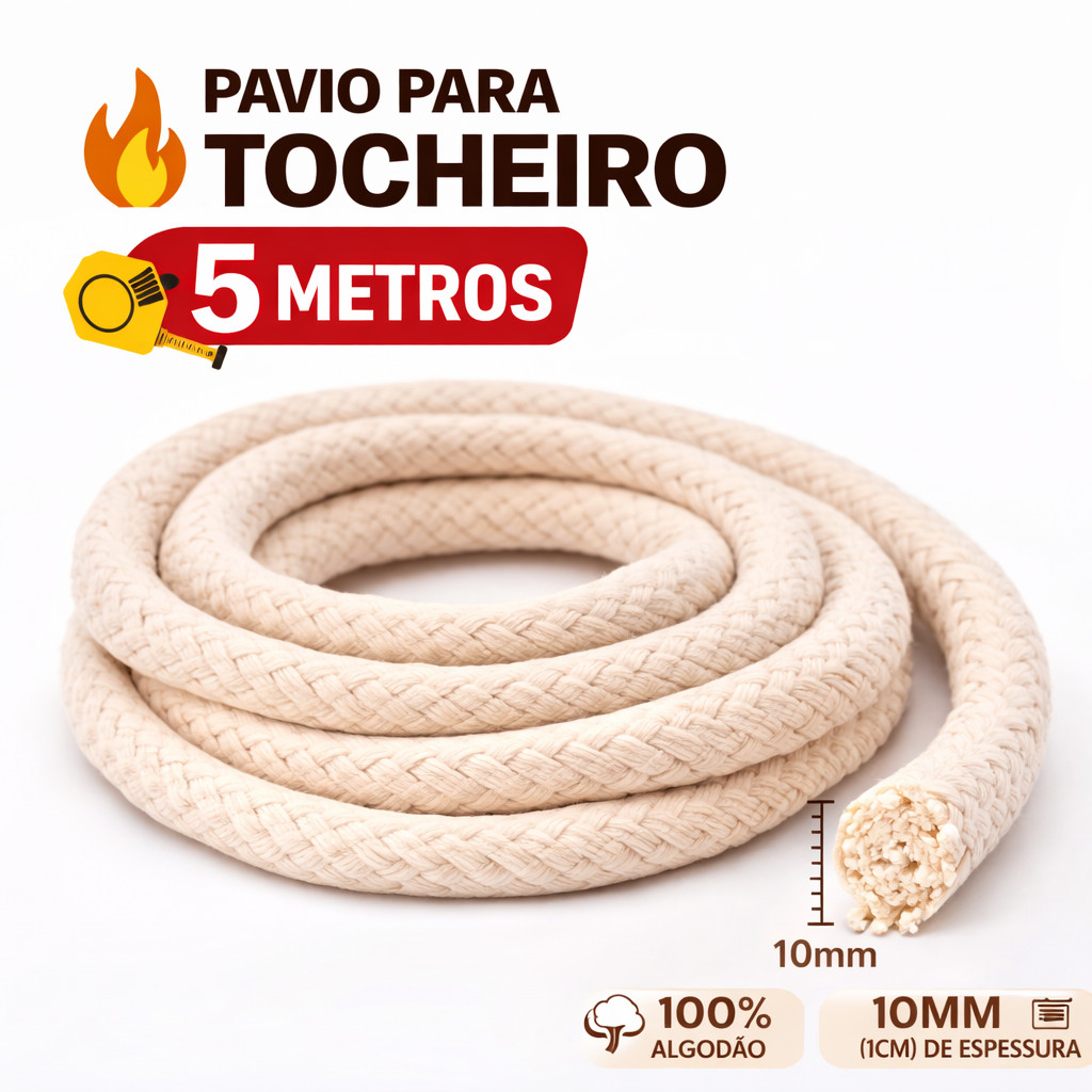 10 Mts Pavio Lamparina Lampião Tocha Tocheiro Caadeiros Bambu Feste 100% Algodão Cru Trançado 10mm