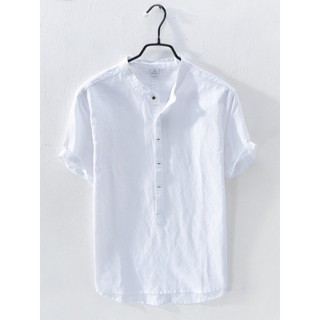Verão em torno do pescoço de linho de manga curta camiseta masculina pulôver gola alta estilo chinês camisa de linho de 