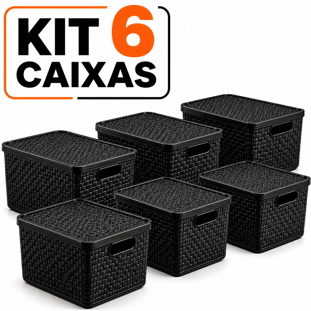 Kit 6 Caixas Organizadoras Rattan 7L Preto com Tampa Arqplast Multiuso Empilhável