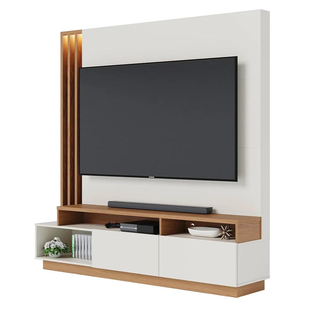 Estante Home Theater para TV 75 Pol. com LED 180cm Maitê C05 Off White Matte/Freijó - Mpozenato