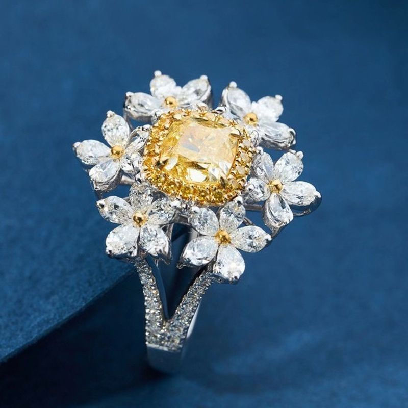 Bloom flor anel de diamante amarelo luxo luz luxo colorido amarelo diamante Hexagonal flor diamante anel de casamento
