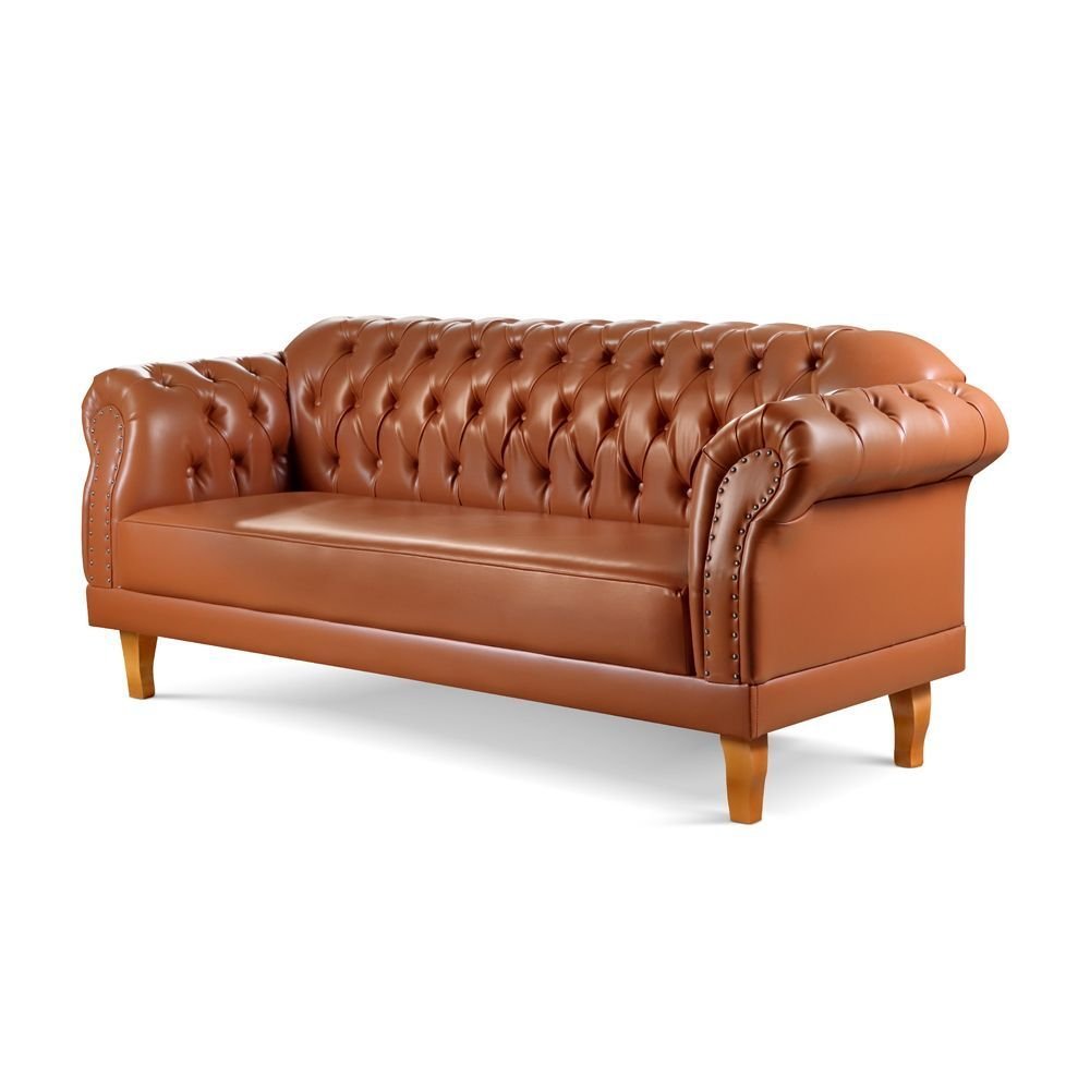 Sofá Chesterfield 3 Lugares Couro Sintético Marrom Duque 200cm Yescasa Caramelo