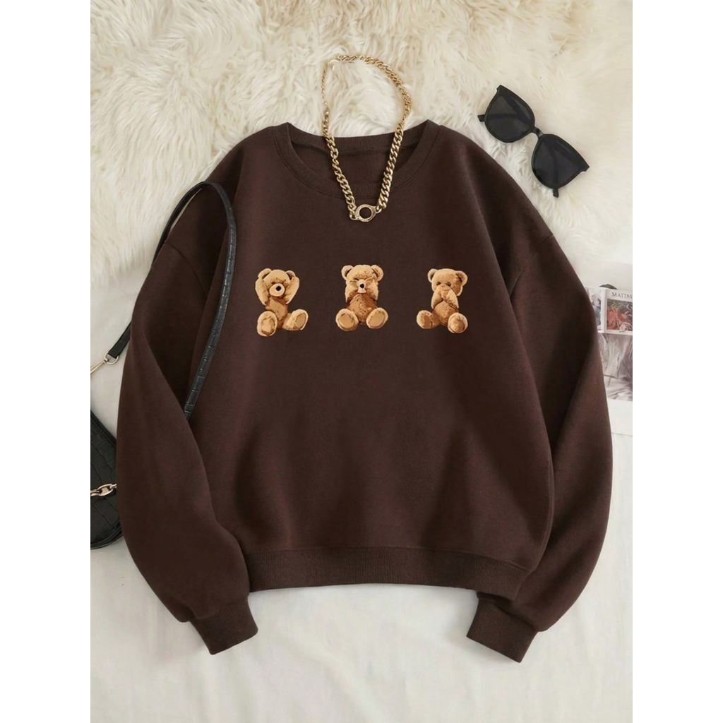 Moletom Frio Estampado Feminino Gola Redonda Fofo Ursinhos Urso Blusa Confortável Algodão Flanelado