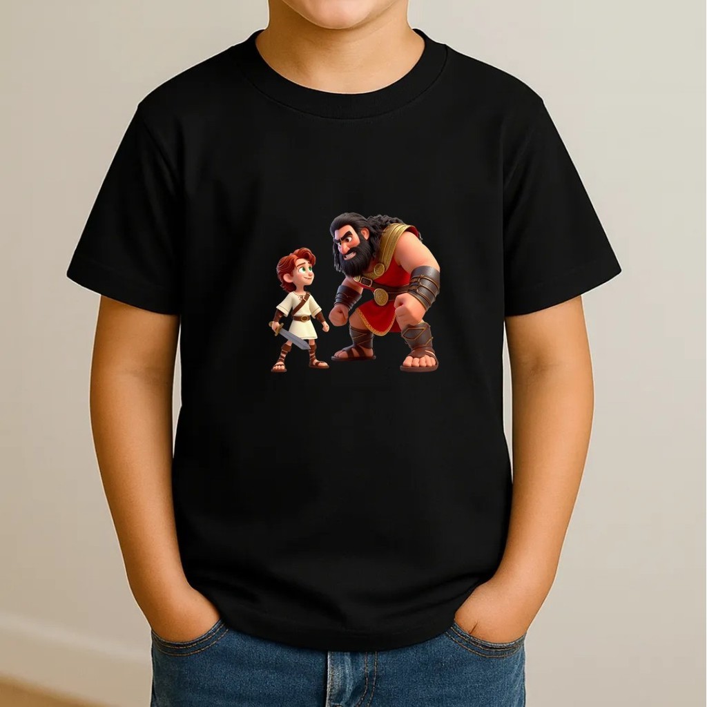 Camiseta Infantil Masculina Davi e Golias / Davi com Funda Estampada Manga Curta (2 Modelos)