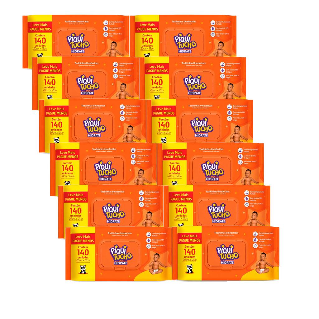 Kit com 12 Pacotes Toalha Umedecida Hidrate Piquitucho 140 Unidades