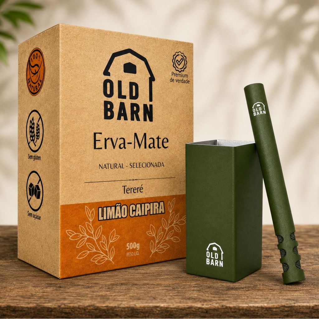 Kit Tereré Inox Old Barn Copo Cuia Quadrada 250ml Bomba V6 Filtro De Tela 18cm Erva 500g Limão Caipira