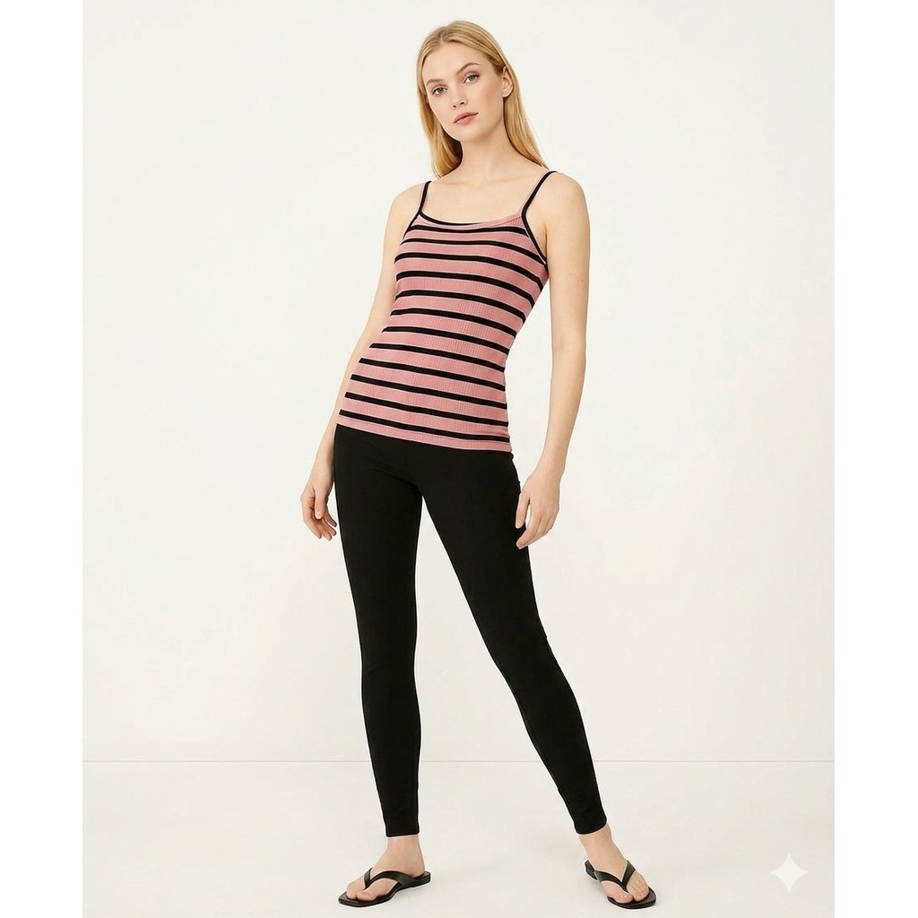 blusa feminina alça regata listrada preto rosa canelada macia perfeita elegante