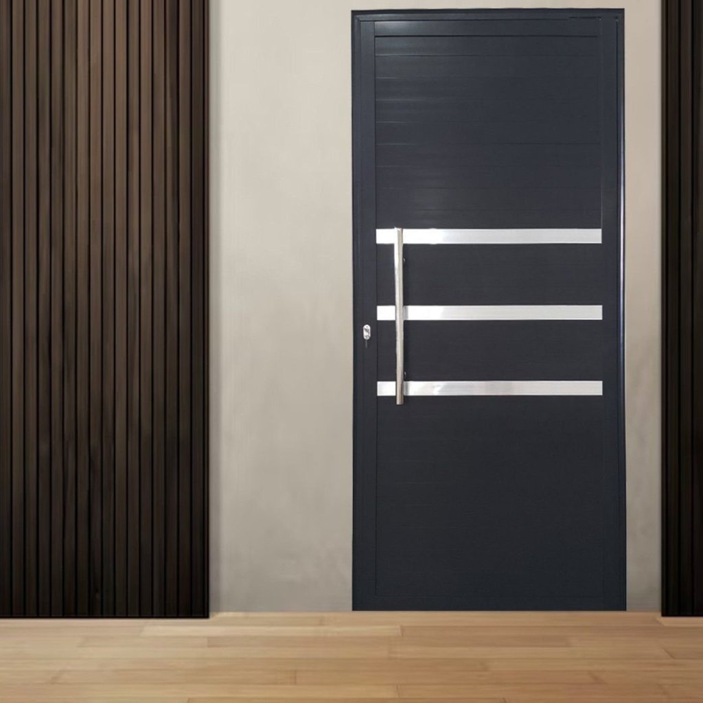 Porta Pivotante de Alumínio 210 x 120cm com Friso Veneza Esquadrias Bergamo Abertura Direita Preto Preto