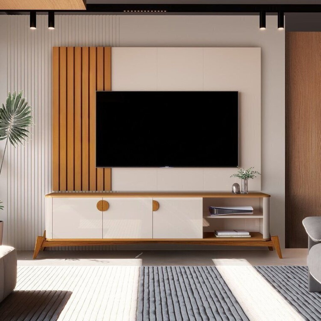 Rack com Painel Ripado para TV até 70 Polegadas MDF 195cmx136cm Buriti Bege Off White/Nature Off White/Nature