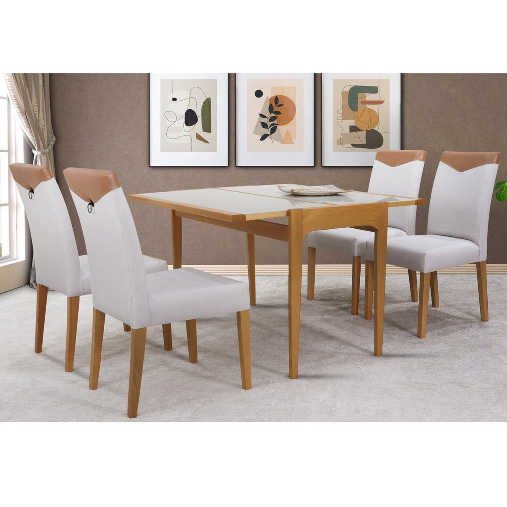 Conjunto Sala de Jantar Mesa Aparador Extensível 53x106 Tampo Vidro e 04 Cadeiras Estofada
