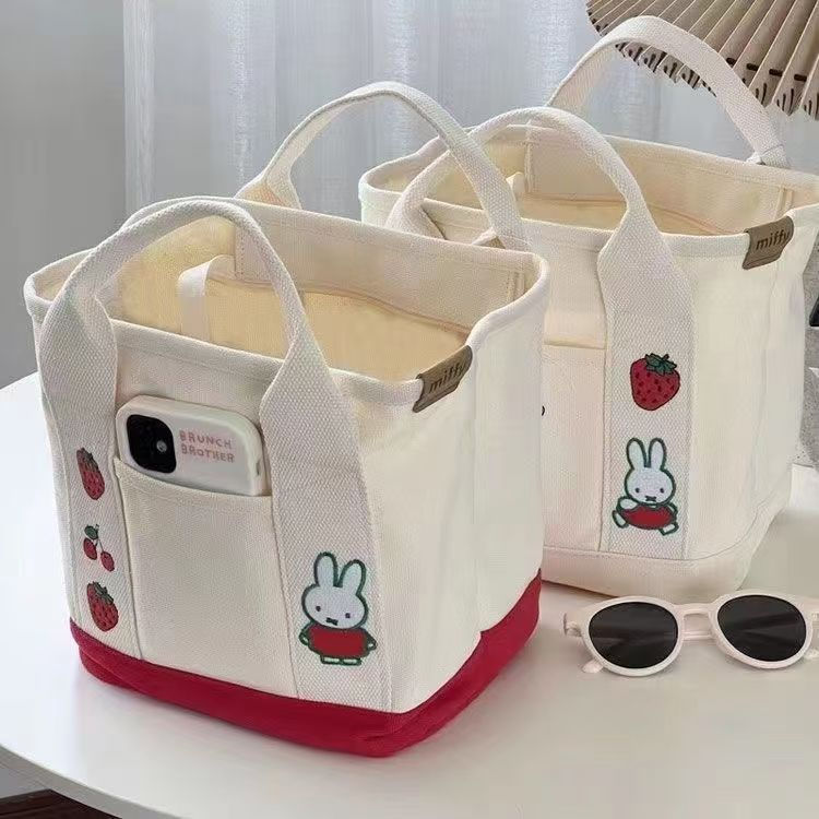 Bolsa de Lona Feminina, Grande Capacidade, Bordado de Coelho, Estilo Japonês, Bolsa Bonita, Bolsa de Mão para Uso Extern