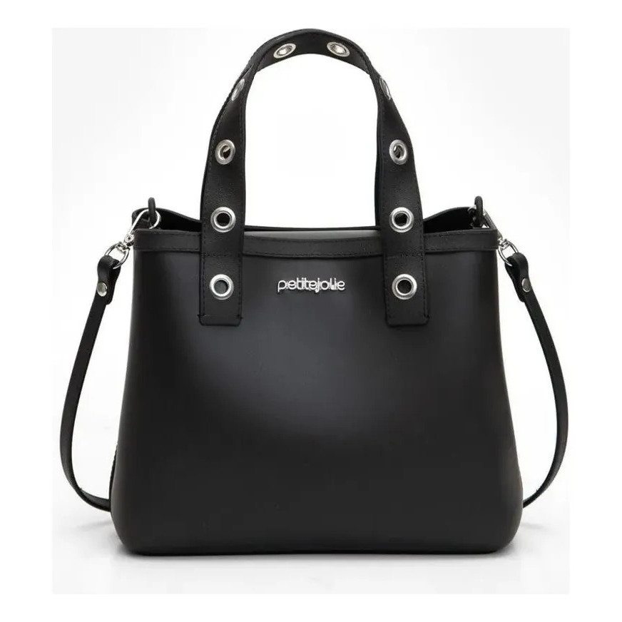 Bolsa Petite Jolie Pj11384 Em Pvc Com Alças Pretas Preto Lisa Níquel