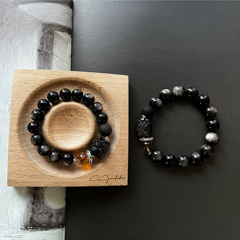 Anel de prata contraste cor obsidiana pulseira masculina High-End sentimento All-Match leão despertar casal acessórios f