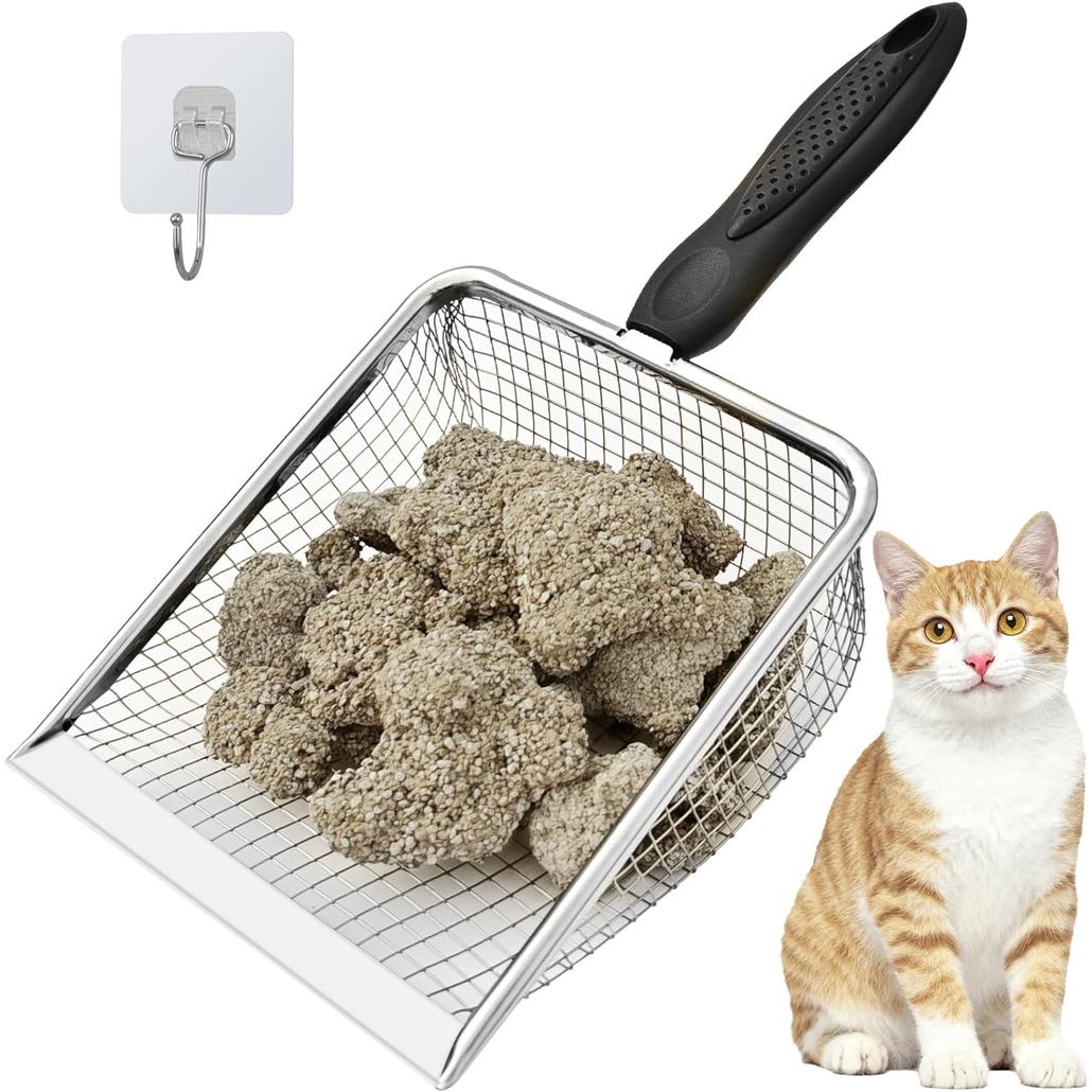 Pá de metal ampliada para areia de gato, pá para caixa de areia, pá de aço inoxidável para areia de gato em pellets, pá