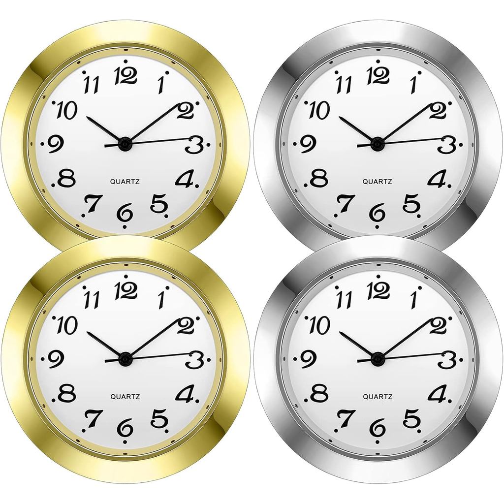 Outus 4 Pack 1-7/16 Inch Round Insert Gold Clock Face Metal Wall Silver Mini Clock with Arabic Numerals Fit Diameter 1-3