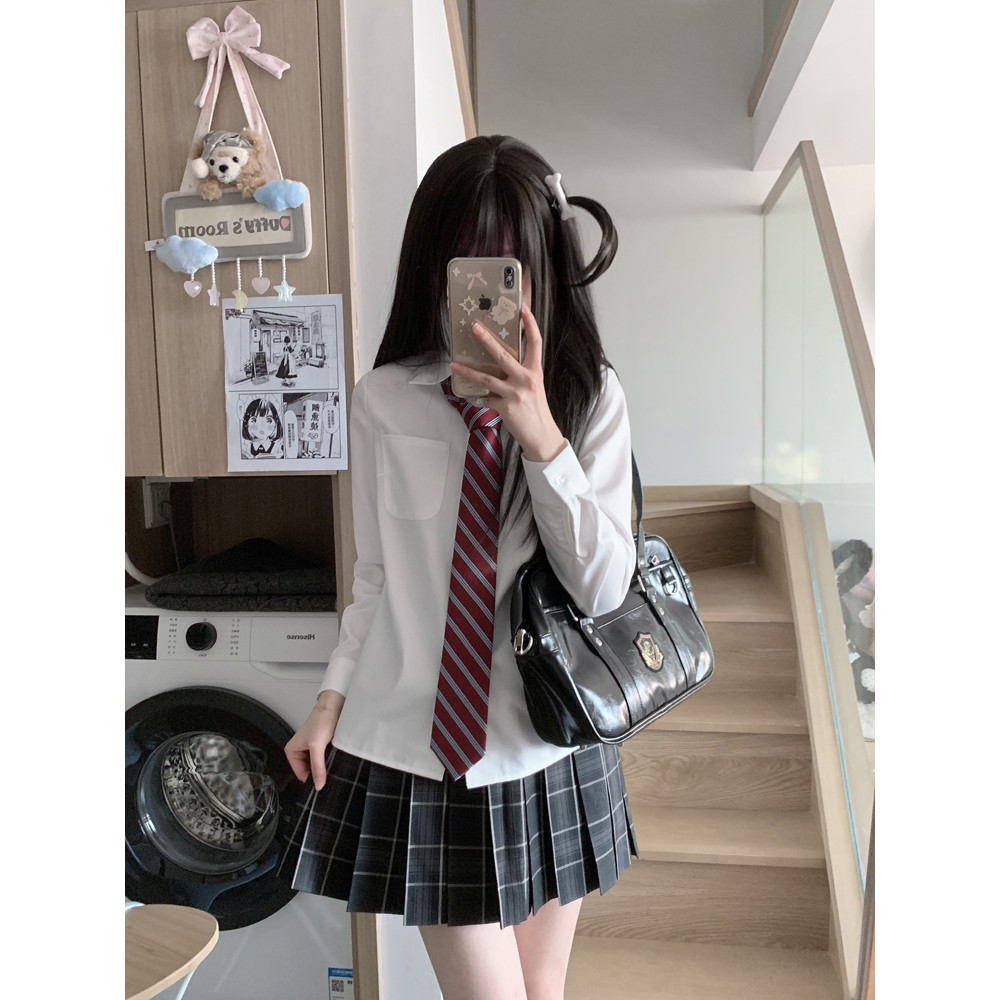 Tokyo Year-Old Times jk Estilo Básico Camisa de Manga Comprida Top Feminino All-Match Estilo Preppy Uniforme Saia Verifi