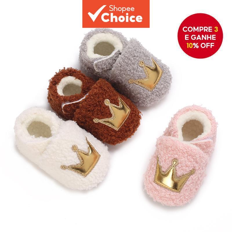 Sapatos de bebê com isolamento de pelúcia e sola macia para inverno, sapatos de algodão para bebês em caminhada