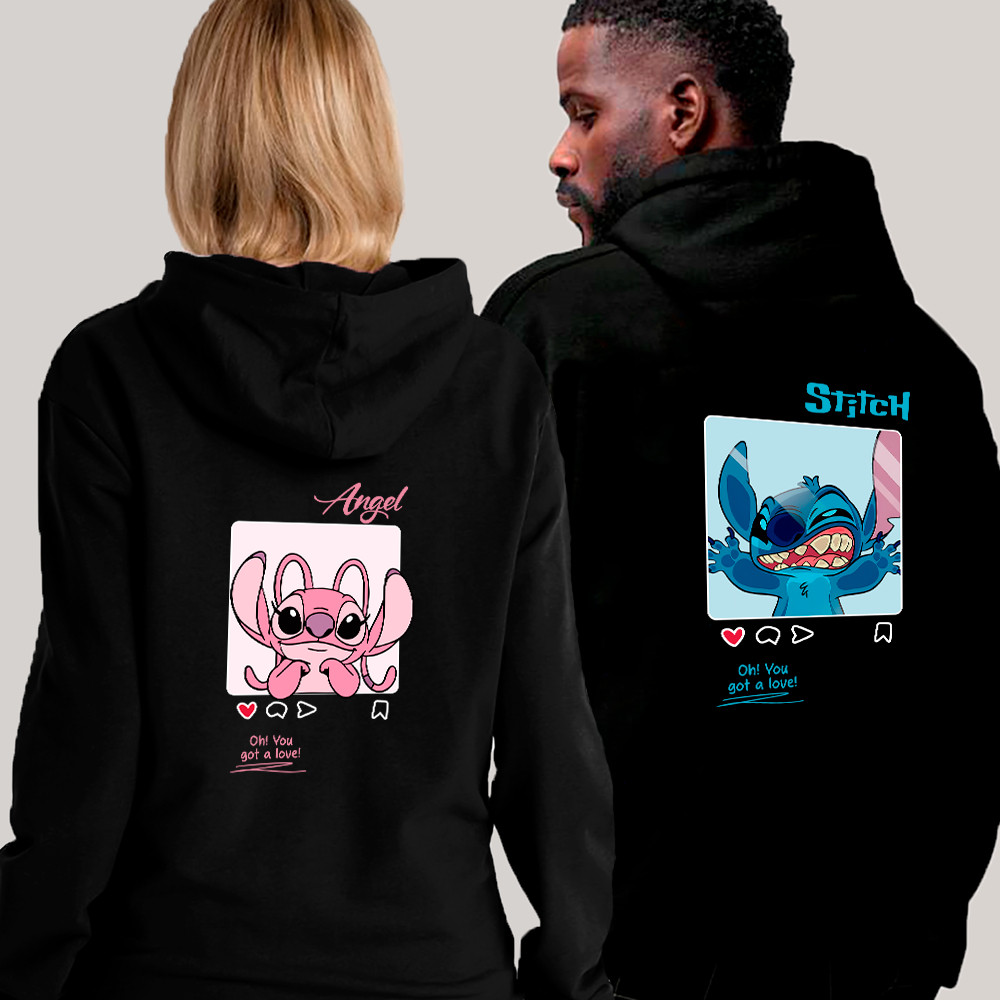 Moletom Blusa De Frio Larga Oversized Stitch e Angel Namorados Geek Casal Combinando Boyfriend Fofa