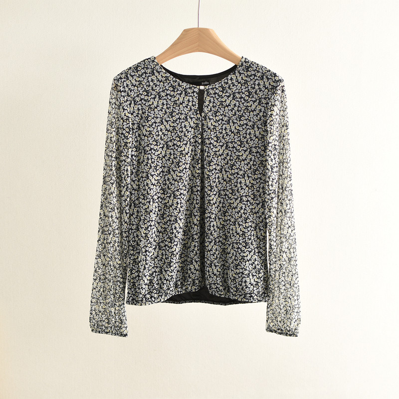 Retro Floral impresso camisa de Chiffon de manga comprida feminina primavera verão europeu americano comércio exterior e