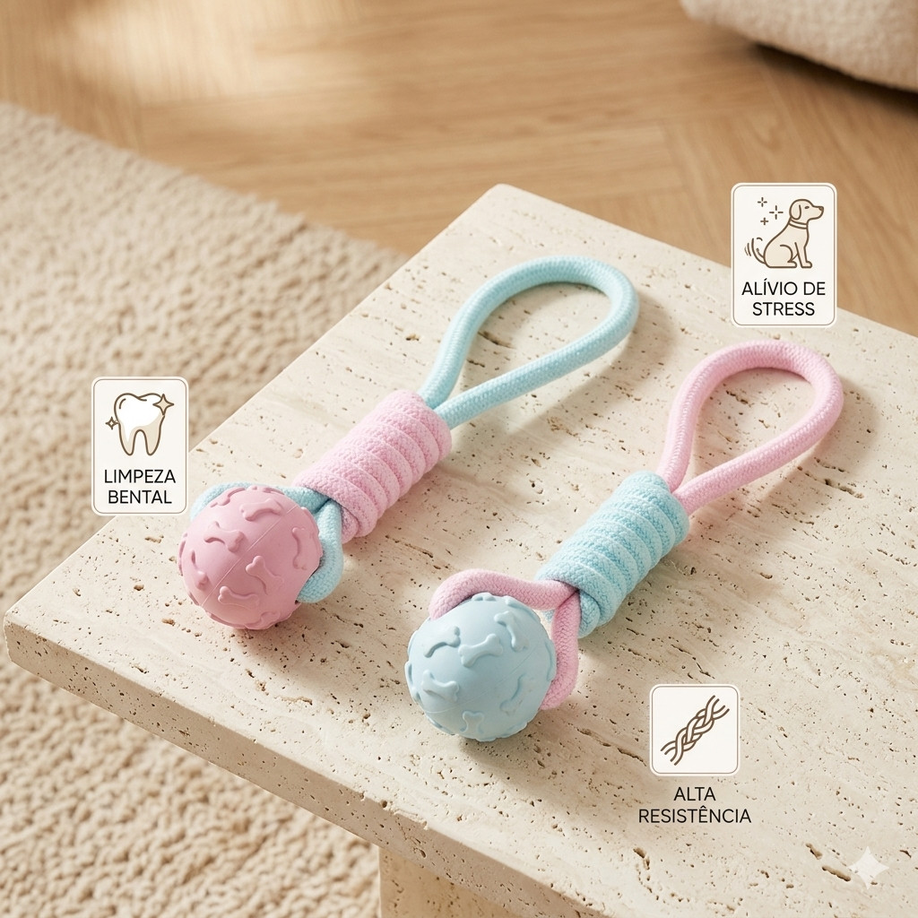 Brinquedo Mordedor Pet Premium Bola de Corda e Borracha Macaron - Design Minimalista e Resistente Alívio de Tédio Cães