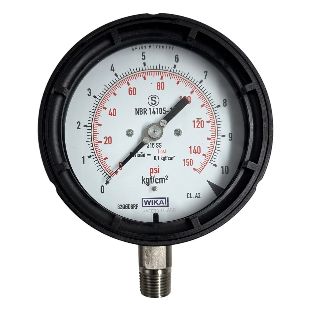 Manômetro Wika DN 127mm 0 a 10kgf/cm2 x 0 a 150Psi 1/2NPT