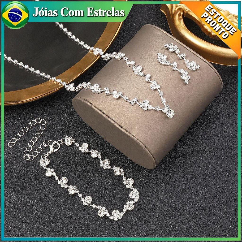 Conjunto de joias de cristal 3 em 1 colar pulseira e brincos de diamantes brilhantes perfeito para casamentos