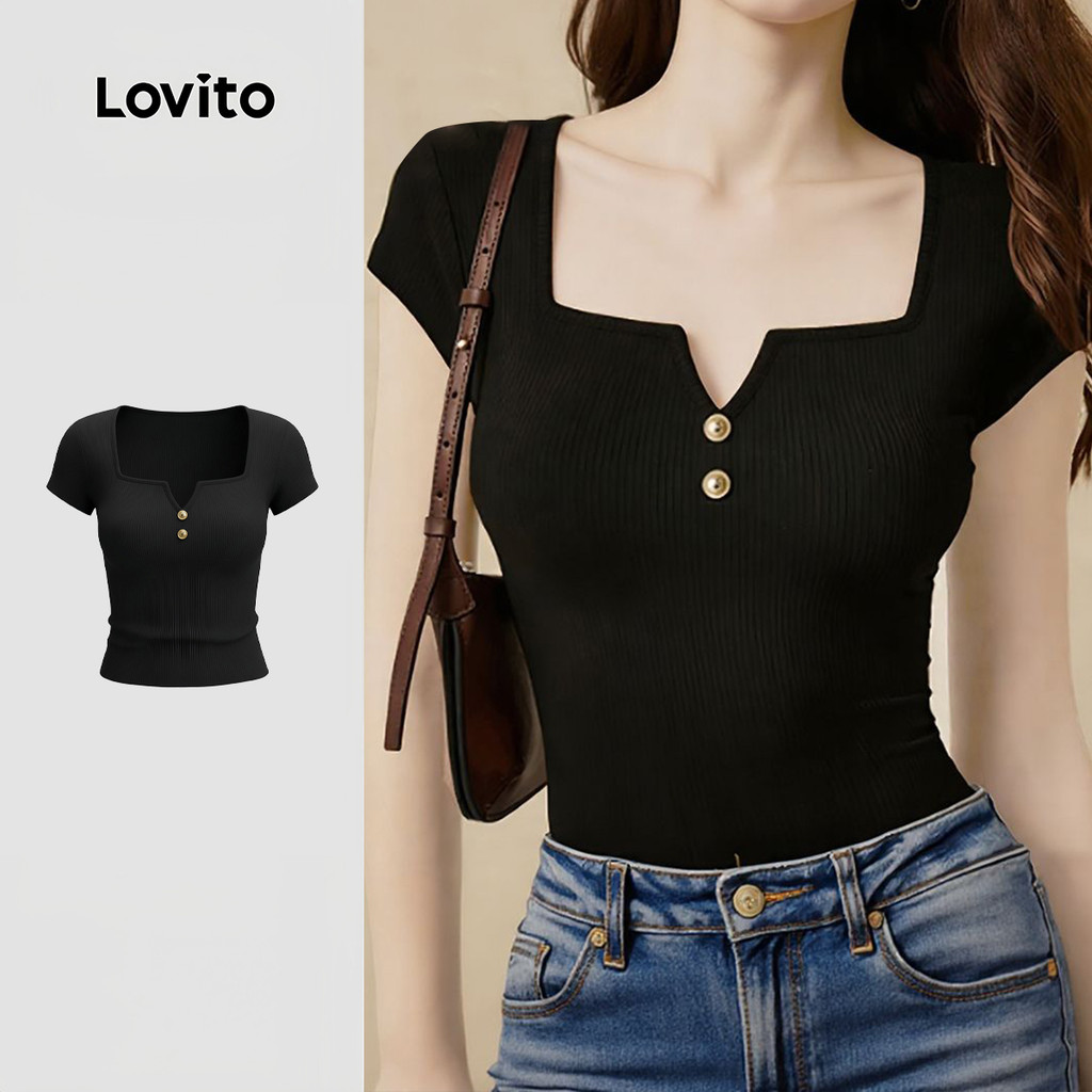 Lovito Casual Camiseta Feminina com Botão Textura Preto Primavera/Verão LK5AD285