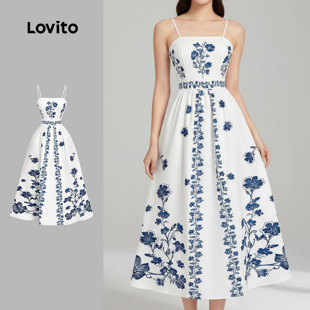 Lovito Vestido Casual com Estampa Floral Estilo Bloco de Cores Azul e Branco para Primavera/verão para mulheres LK5ED750