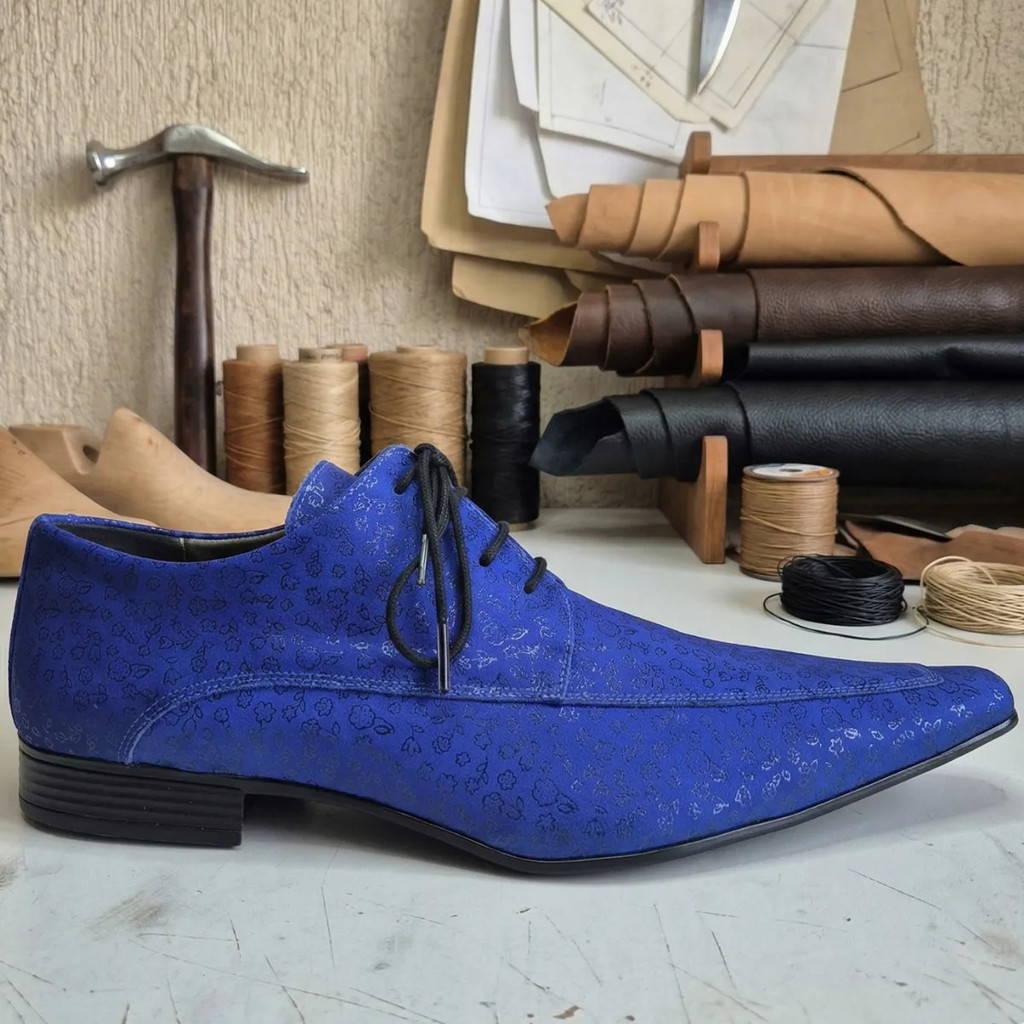 Sapato Social Masculino Couro Acabamento Floral Azul