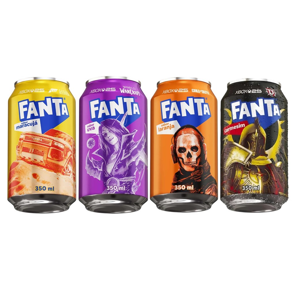 4 latas Fanta Xbox 25 anos colecionáveis 350ml sabores sortidos