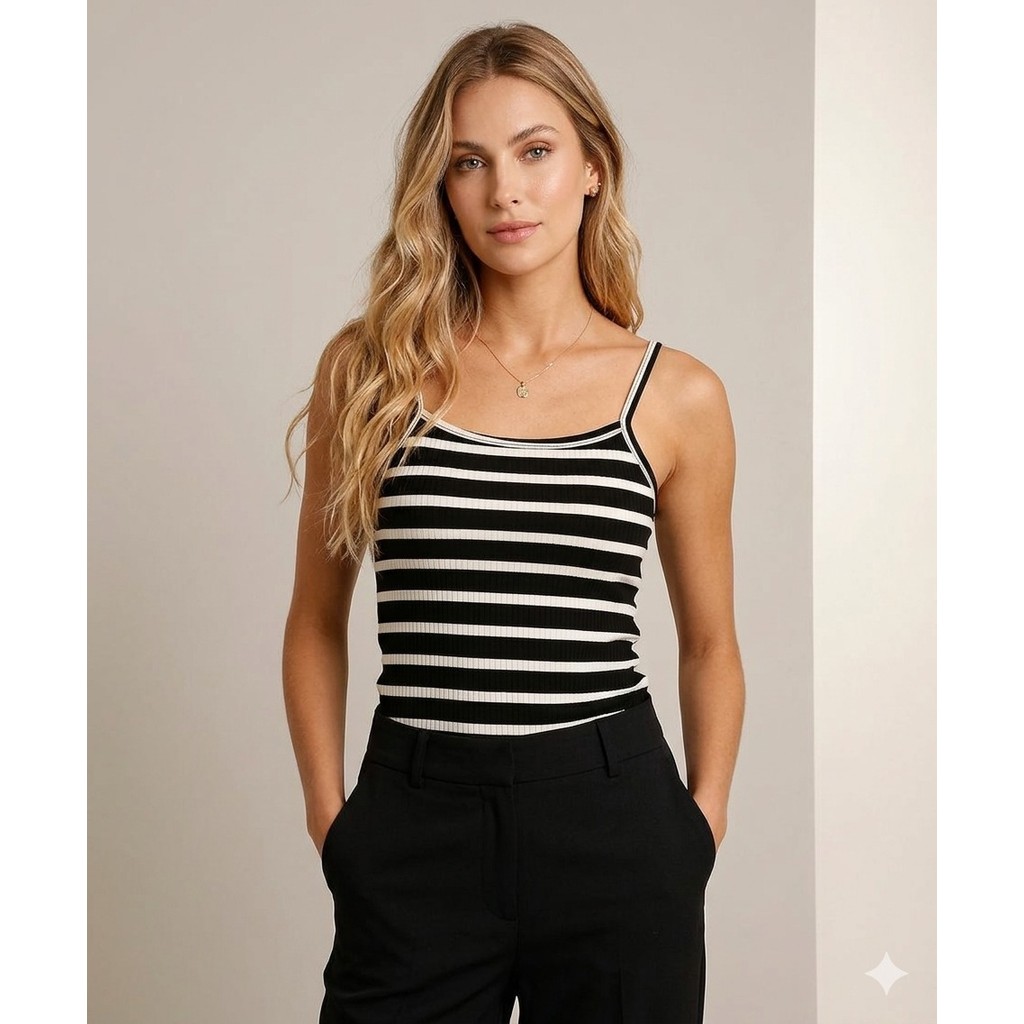 blusa feminina regata alça listrada preto branco canelada perfeita top elegante