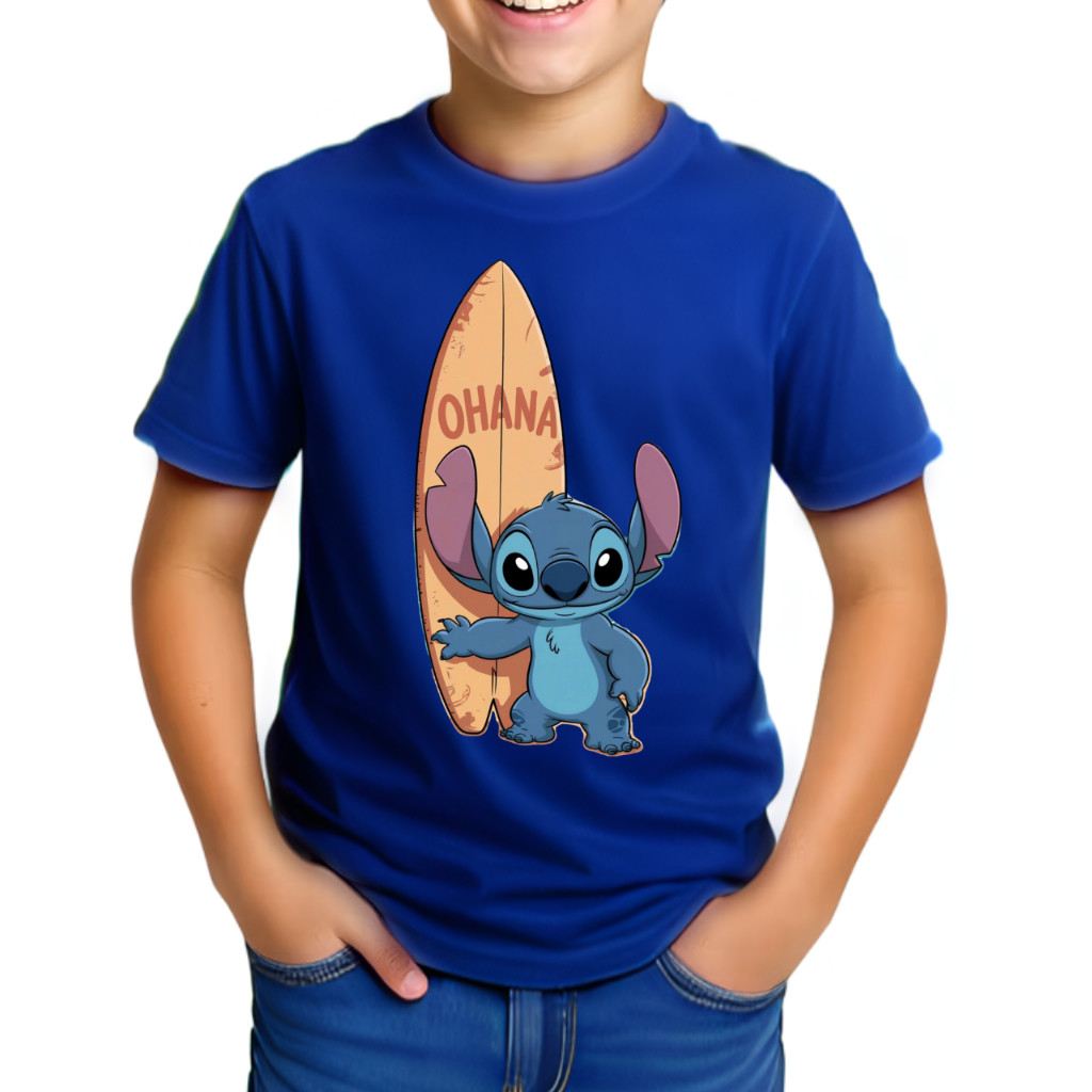 Camiseta Infantil Juvenil Lilo Stitch Ohana Camisa Estampada Algodão N°2 ao 16 Tendencia Lançamento